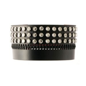 Bianca Choker in black leather with 3 horizontal rows of Swarovski crystals and visible topstitching of 0770 at Brigade Mondaine