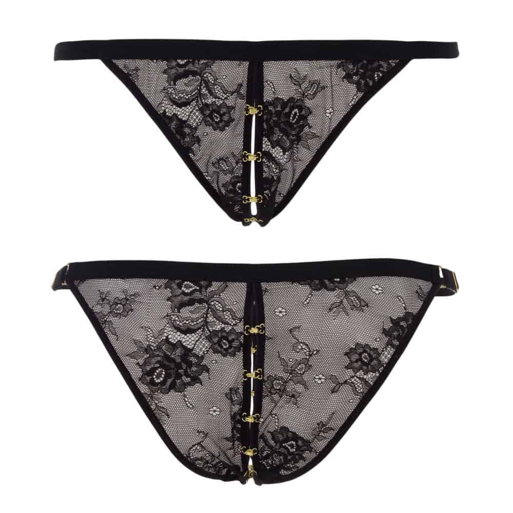 Black lace mesh Guet Apens panty with gold tie line in the center to make it completely open by Atelier Amour at Brigade Mondaine