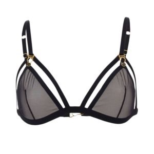 Unbearable lightness black bra made of transparent tulle and black elastics, clasps thanks to golden buttons and fasteners, can be opened at the level of l'before the bust, by atelier amour at Brigade Mondaine
