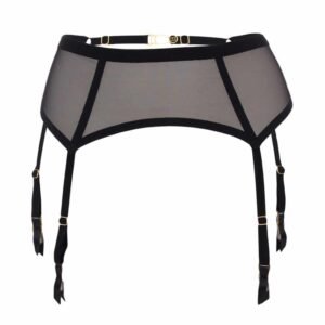 Black suspender belt in transparent fishnet and attachments d'elegant golden clasp attaches to buttons Unbearable lightness by atelier amour at Brigade Mondaine