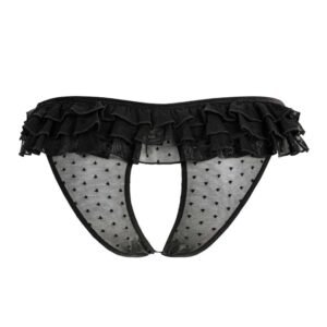 Black mesh open briefs with small flounce pattern ATELIER AMOUR at Brigade Mondaine