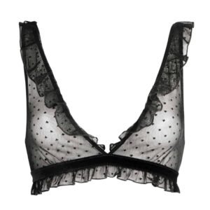 Triangle bra in transparent mesh with small patterns and flounces on the seams with bare back WORKSHOP AMOUR at Brigade Mondaine