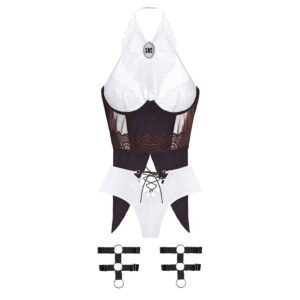 Rider roleplay costume with white thong and white and brown strapless bra with lace collar and brown garters BAED STORIS at Brigade Mondaine