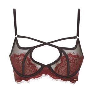 Bra With red lace on black fishnet with crossed elastic Adelia by Bluebella
