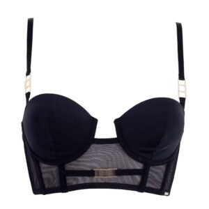 Strapless cup bra by Mortimer, with bodice and black fishnet that enhances your breasts by Bluebella at Brigade Mondaine