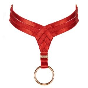 Red bondage necklace in triangle on the front with d'one gold ring by Bordelle at Brigade Mondaine