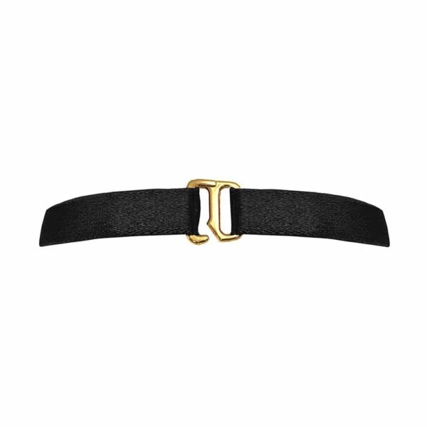 Necklace in black satin elastic with gold metal piece representing an interlacing d'rings in its center, Bordelle Signature at Brigade Mondaine