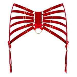Bondage-inspired red Webbed belt suspender belt with multiple rows of elastics on the buttocks to highlight your shapes by Bordelle Signature at Brigade Mondaine