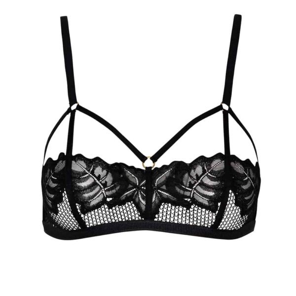 Black lace and fishnet halter bra with three elastic bands going up to the BRACLI strap at Brigade Mondaine