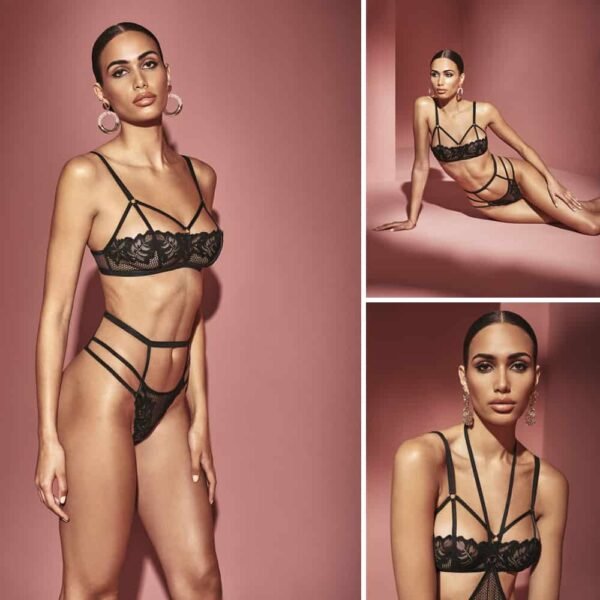 Black lace and fishnet halter bra with three elastic bands going up to the BRACLI strap at Brigade Mondaine