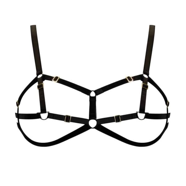 Bondage open bra in black elastic by ELF ZHOU LONDON at Brigade Mondaine