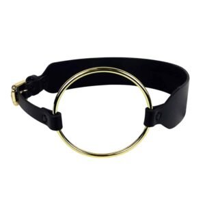 Large black leather belt with large gold ring on the belly ELF ZHOU at Brigade Mondaine