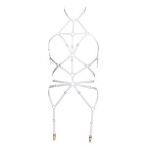 White bondage harness with adjustable elastics and gold finish rings by Flash You And Me at Brigade Mondaine