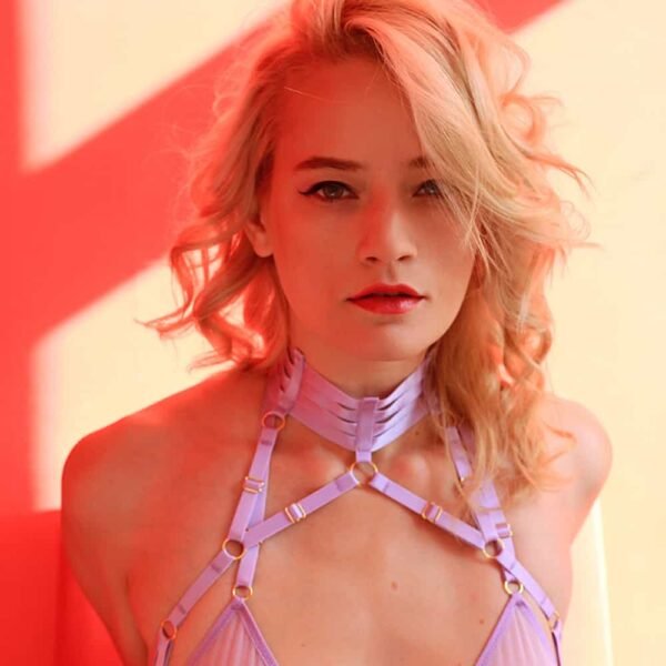 Lavender purple elastic playsuit with belt and suspender belt FLASH YOU AND ME at Brigade Mondaine