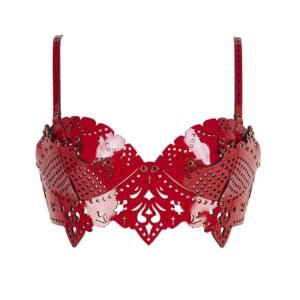 Strapless bra in red vinyl leather and small red crystals FRAULEIN KINK at Brigade Mondaine