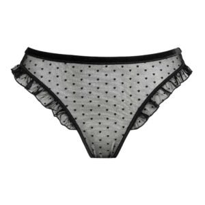 Black mesh thong with small patterns and ruffles on the top of the thighs ATELIER AMOUR at Brigade Mondaine