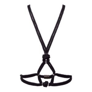 Black shibari bondage knotted rope bust harness Figure of A at Brigade Mondaine