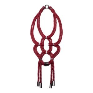 Burgundy red shibari knotted rope necklace with nickel-free metal details Figure of A at Brigade Mondaine