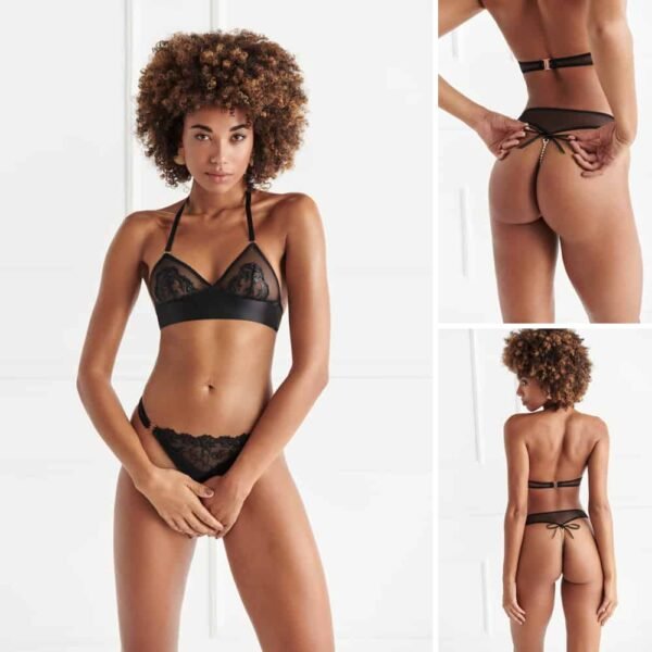 Transparent black set, with lace motifs, the g-string has stimulating pearls for the G-stitch, they can be detached thanks to the little bow and put inside the vagina.