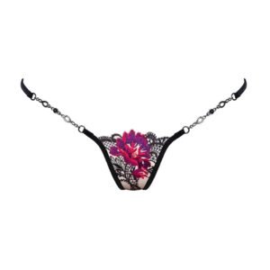 Silver jewel g-string made of flesh-colored mesh and black lace with purple and red flower motif Lucky Cheeks at Brigade Mondaine