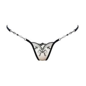 Silver jewel g-string made of flesh-colored mesh and black lace with Lucky Cheeks knot motif at Brigade Mondaine