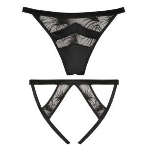 Black open briefs in lace and satin floral motif not worn on a white background seen from the front and back of the Nuit à Brodway collection d'Atelier Amour at Brigade Mondaine