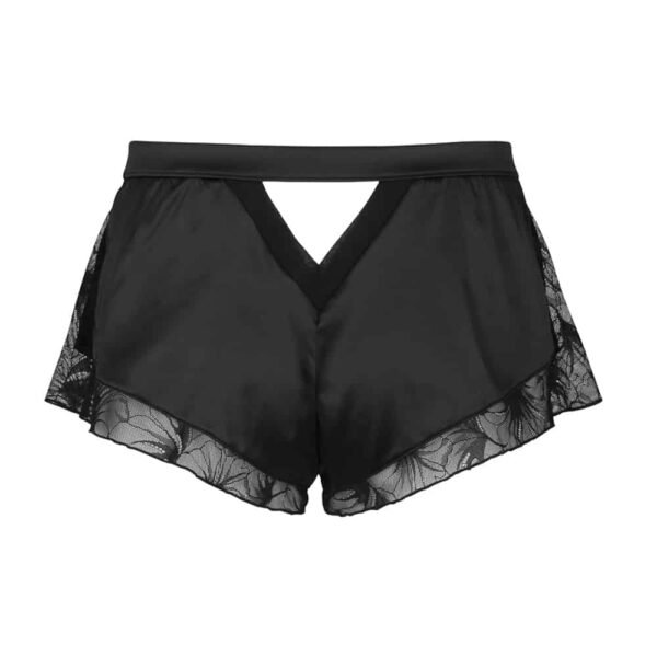 Black satin and lace shorty made in France not worn seen from the back on a white background from the Nuit à Brodway collection d'Atelier Amour at Brigade Mondaine