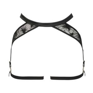 Black lace and satin suspender belt not worn on a white background front view of the Nuit à Brodway collection d'Atelier Amour at Brigade Mondaine