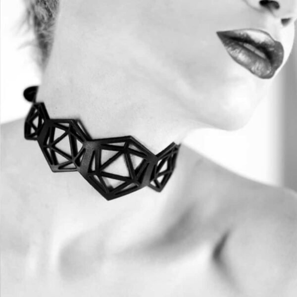 Black leather choker collar lace hexagonal and triangular shapes BLASTED SKIN at Brigade Mondaine