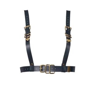 GLORIA HARNESS adjustable in black leather with gold metal finishes, by designer MIA ATELIER at BRIGADE MONDAINE