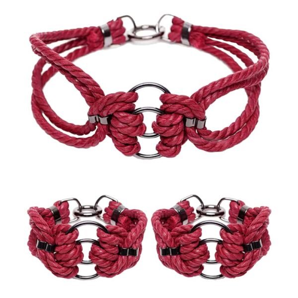 Burgundy cord bdsm necklace and bracelet with silver details