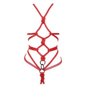 Harnais bdsm en cordes rouges avec détails en argent noir