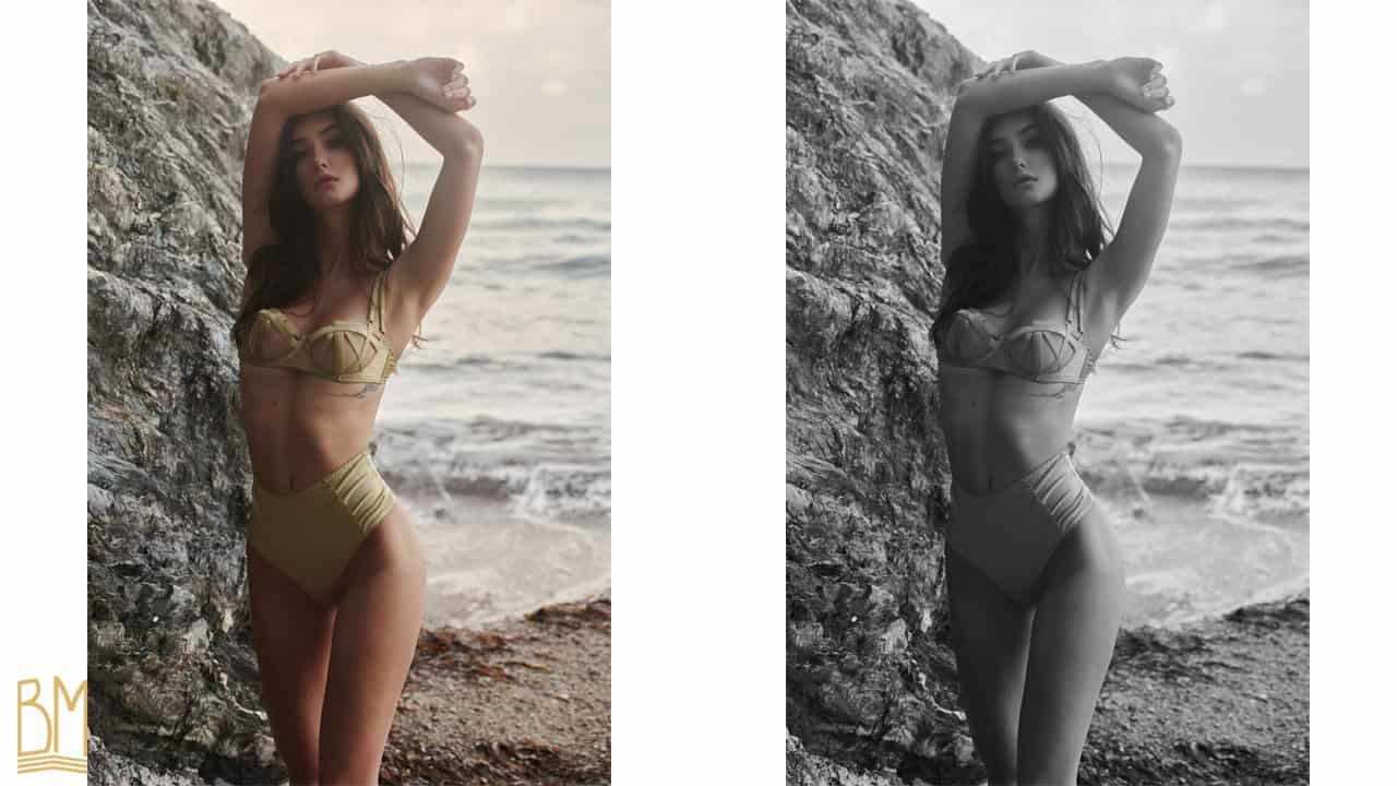 Colour and black and white filter photos taken by Jean Marc BULLES for Elsa Couturier's socialite brigade by the beach with a golden Gonzales set Domenica bra and panties Gold high waist bra and panties