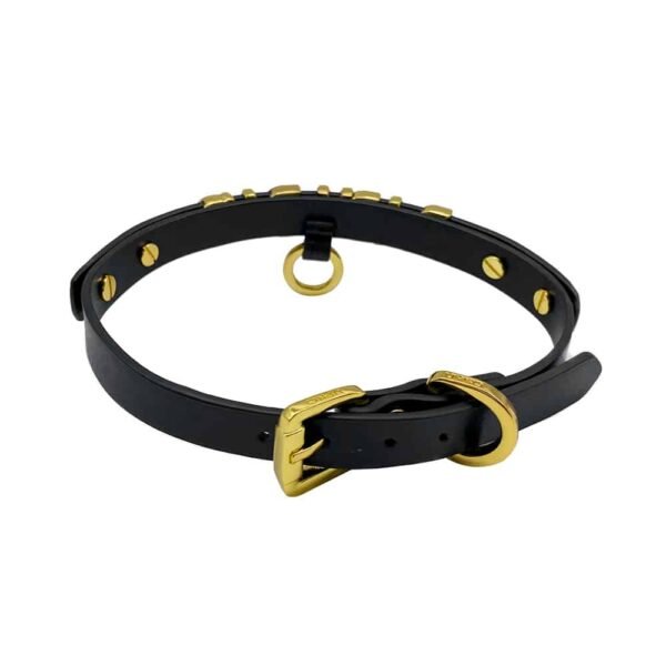 Italian black leather collar from the UPKO brand with 24 carat gold-plated hooks and rings seen from behind presented on a white background from the limited edition UPKO X Brigade Mondaine collection available at Brigade Mondaine