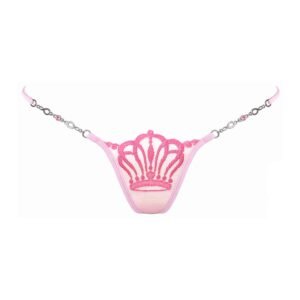 Mini String Queen of Love en couleur rose, avec couronne sur l'avant du string, et détails d'un bijou, très échancré