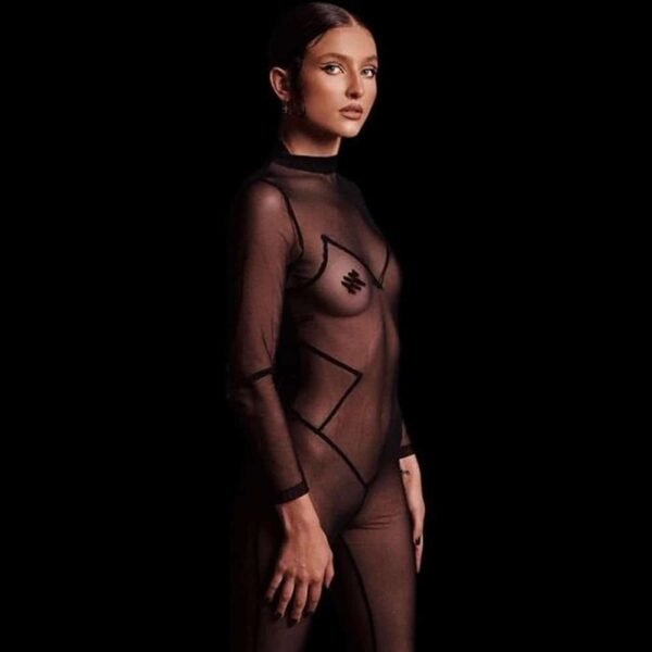 Infinity fishnet catsuit, covering from wrists to ankles, with a graphic pattern on the body