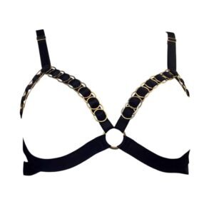 Black triangle bra with golden round details, leaving the breasts visible.