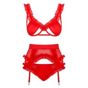 Red party set with frills consisting of a bra with openings, suspender belt with frills and open panties on the buttocks with bows