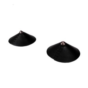 Pasties by Elif Domanic. These Pasties are made of black leather with a conical shape and a conical iron reinforcement at the top of each piece. Black stitching is also present on the product.