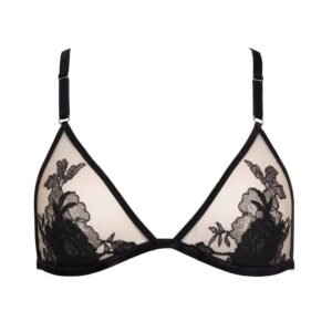 Raël bra from the brand Hervé by Celine Marie. This bra is a triangle bralette with fine black elastic, 24 carat gold hooks and adjustments. The transparent illusion mesh blends into the bust with delicate lace that is framed by velvet elastics. The straps are adjustable and connected to the cup by small gold rings.