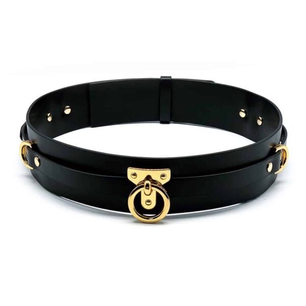 Black bondage belt from UPKO, to attach your bdsm accessories to your belt. The black leather of the belt is also equipped with gold brass rings and slides.