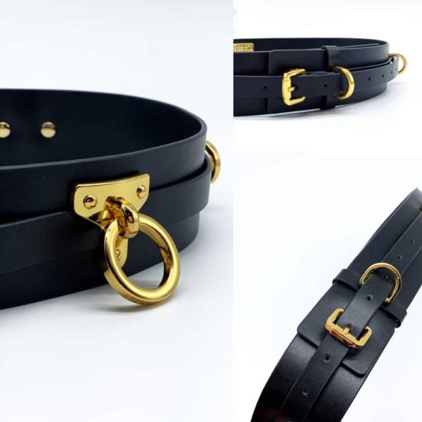 Black bondage belt from UPKO, to attach your bdsm accessories to your belt. The black leather of the belt is also equipped with gold brass rings and slides.