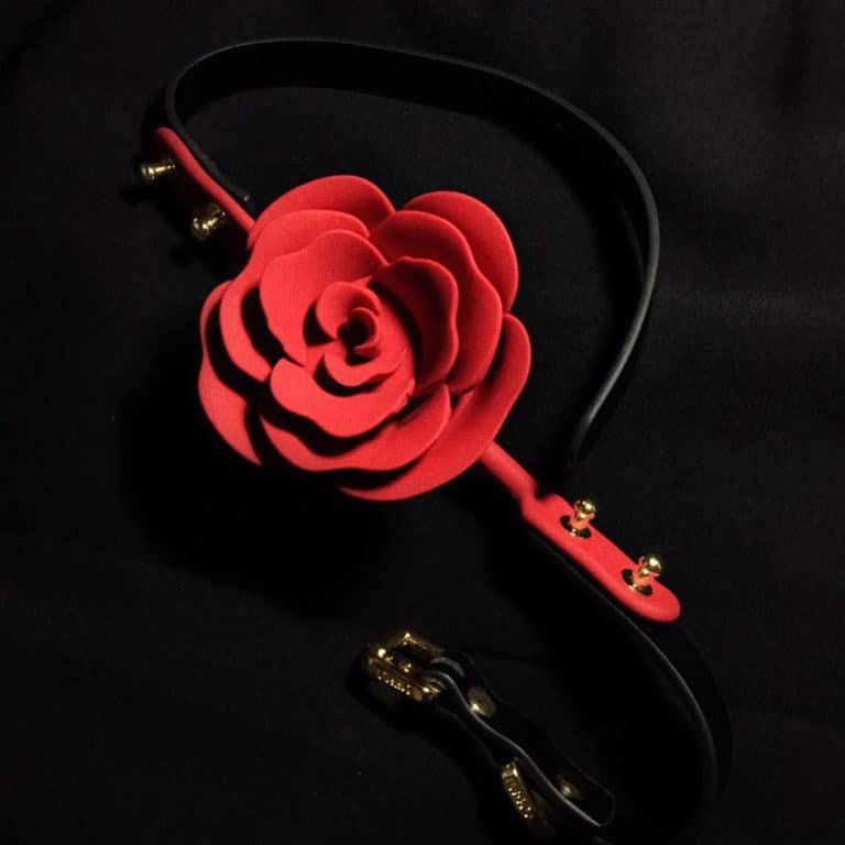 Розовый кляп с шариком от Upko x Zalo. Изделие отделяется, задняя часть изделия черная, а передняя - красная. Центр кляпа-шарика имеет форму красной розы. Все это размещается на черном фоне.