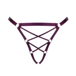 Culotte Shibari ouvert collection bordeaux de la marque ELF ZHOU LONDON. Cette culotte est confectionnée à partir d’élastiques, un corsetage figure sur le devant et décore le devant des parties génitales.