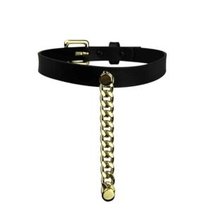 Black leather choker by ELF Zhou London with gold finish chain