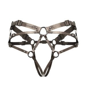 Aurora panty by Asche & Gold. It represents the perfect combo between an open panty, a garter belt and gun color leather suspenders. The elements are linked together by rings. All leather bands are adjustable.