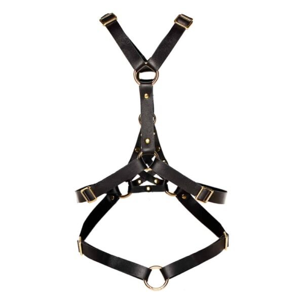 Amelia Black Leather Harness from Asche&Gold available at Brigade Mondaine. The finishings are in gold.