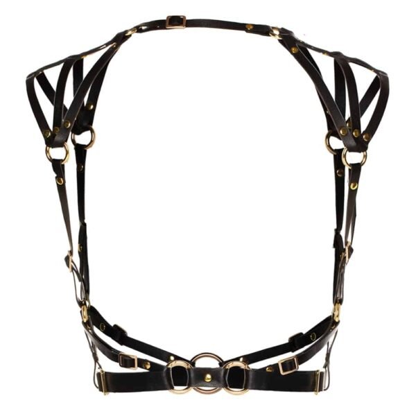 Aurore Black Leather Harness from Asche&Gold available at Brigade Mondaine. The harness is made of black leather and its finishings are in gold.