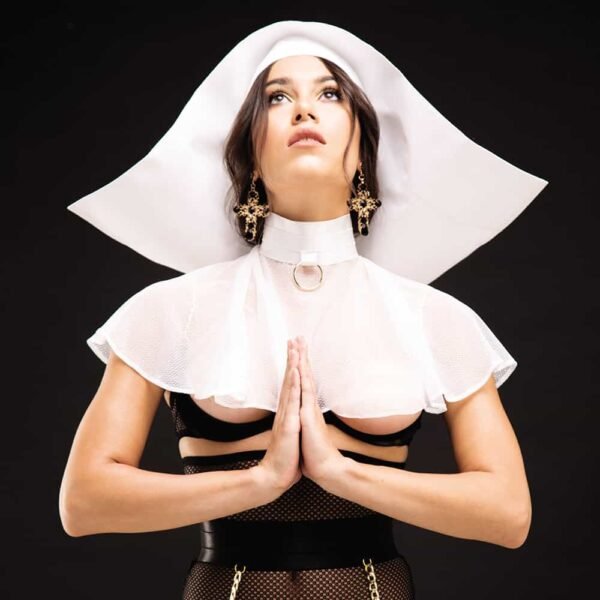 Roleplay nun costume with high waist thong, suspender belt and open bra with white cornet BAED STORIES at Brigade Mondaine