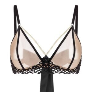 Transparent bra coquette of the brand BoundUp. The front of the bra is beige and slightly transparent. A black band runs across the middle of the cup. At the same time, above, there are beige beads that follow the movement of the cup, at the chest. Below, there is black lace. Regarding the back of the bra, to finish the path of the lace, there is a black ribbon bow.